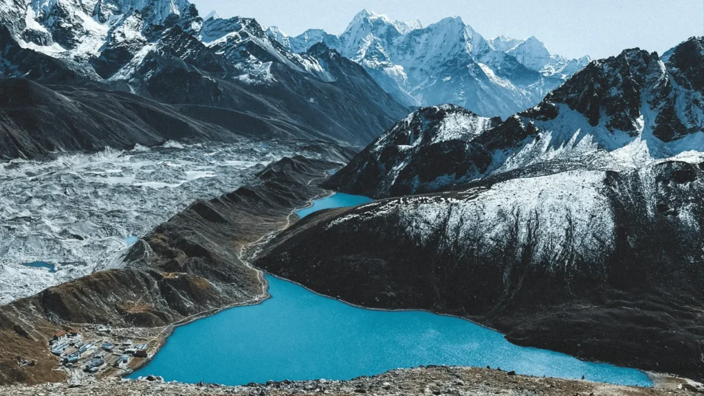 Aerial view of turquoise Gokyo Lakes surrounded by snow-capped Himalayan peaks captured under a Nepal drone filming permit