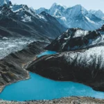 Aerial view of turquoise Gokyo Lakes surrounded by snow-capped Himalayan peaks captured under a Nepal drone filming permit