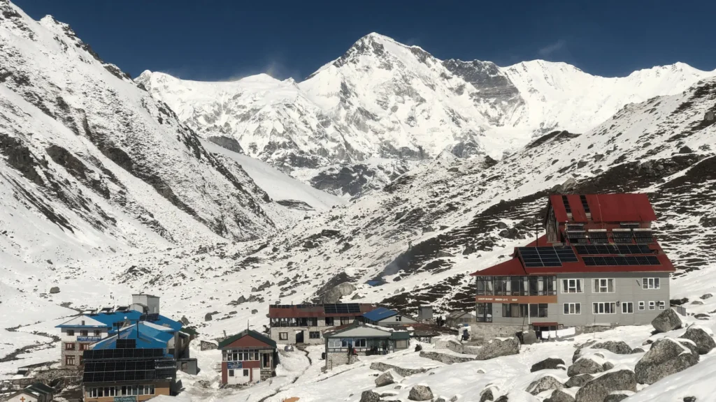 High Altitude Filmmaking in Nepal: The Complete 2026 Guide to shooting in the Himalayas Solar-powered teahouse lodges at Gokyo village in the Khumbu region, a key acclimatisation and base location for high altitude filmmaking in Nepal, with Cho Oyu massif dominating the background.