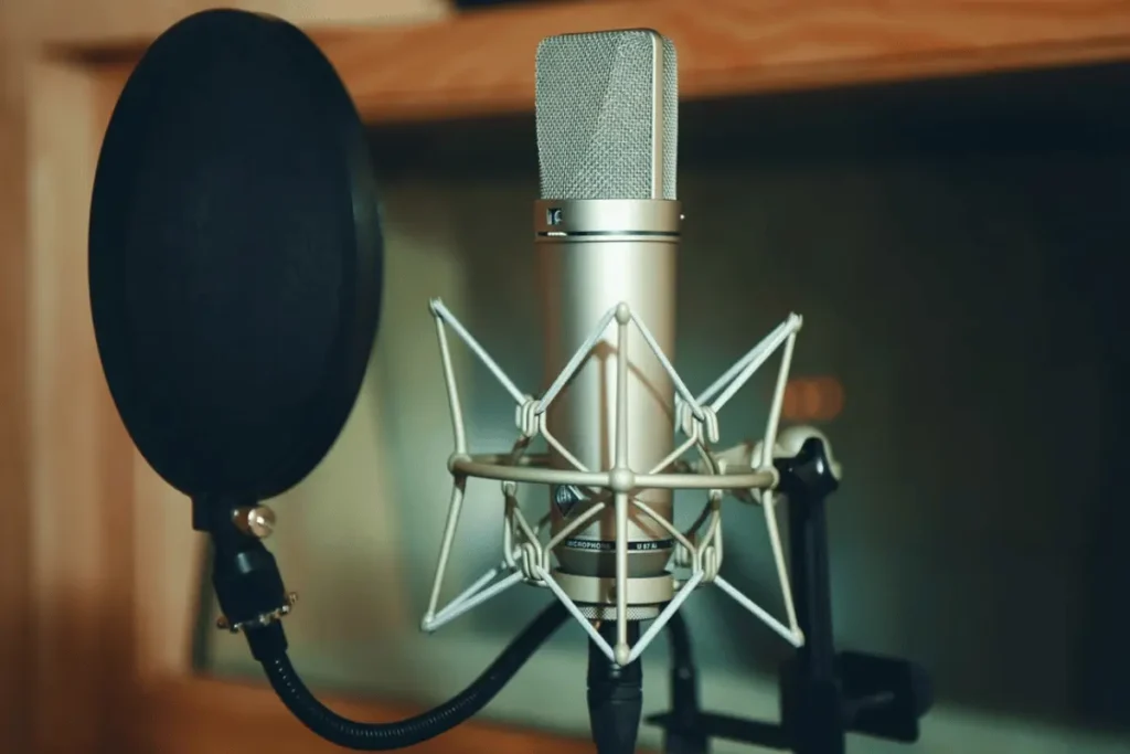 Sound Recording and Audio Logistics for Film Production in the Himalayas Studio condenser microphone in a shock mount with a pop filter, set up for professional voice audio recording.