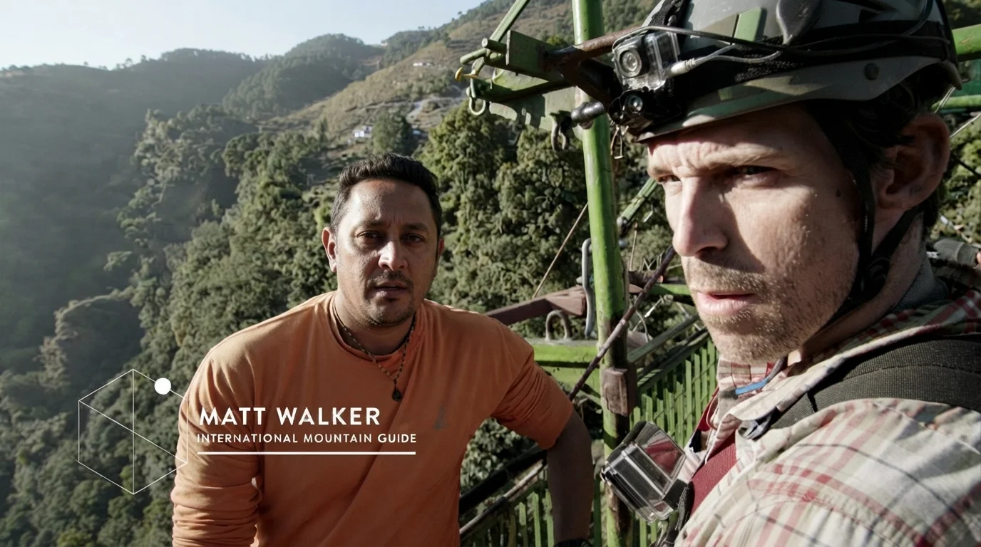 Crew filming on a cable car above a forested Nepal hillside, a scene from corporate and NGO film production in Nepal