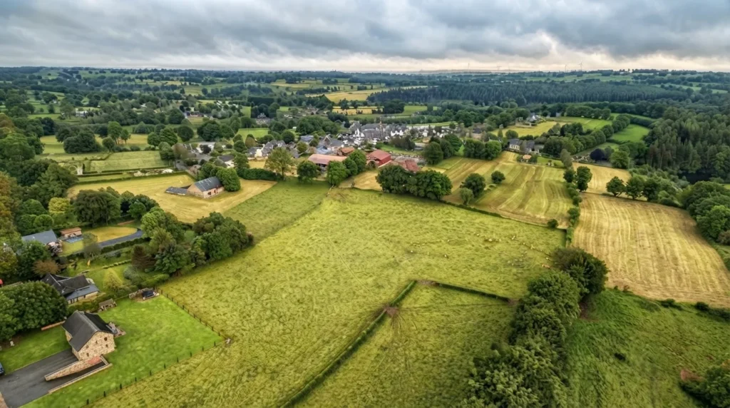 Aerial drone view of green farmland, hedgerows and a village, illustrating drone footage that needs careful battery and data planning