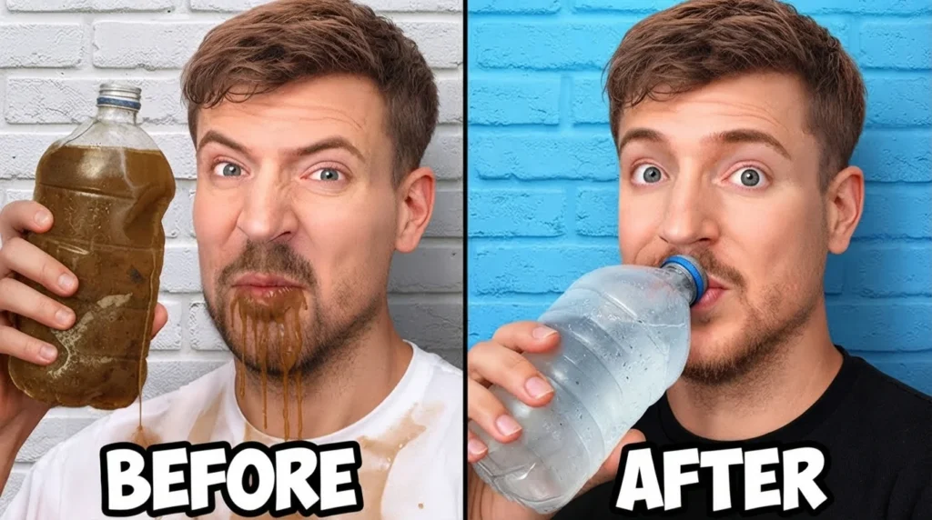 Before and after YouTube thumbnail of a creator with muddy water and then clean water, an example of content that needs a filming permit for YouTubers in Nepal